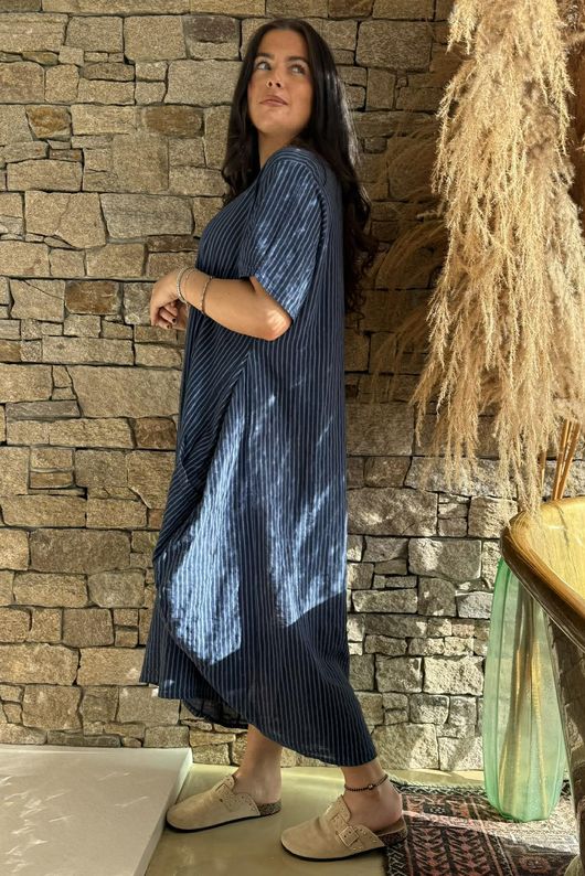 Salcombe Chalk Stripe Cotton Cocoon Dress Navy